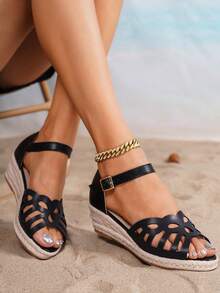 女士黑色皮革镂空透气休闲度假编织草绳坡跟凉鞋 - 黑色 - 查看 6