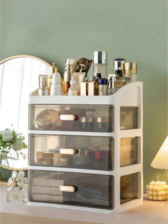 1 pieza Caja de almacenamiento de cosméticos de escritorio multicapa, cuidado de la piel a prueba de polvo, estilo cajón de hogar con compartimentos para lápiz labial, estante de almacenamiento de joyas, caja de almacenamiento de cajón transparente, caja de almacenamiento de escritorio, caja de almacenamiento de cables de datos