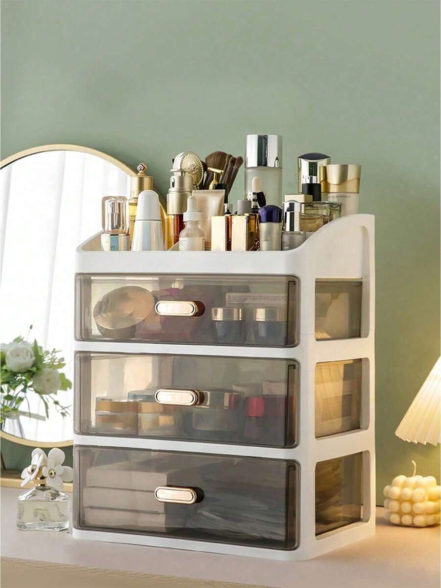 1pc Multi-Layer Desk Makeup Organizer Box, Tabletop Skincare Dust-Proof, Household Drawer-Type Separated Lipstick Vanity, Jewelry Storage Rack, Transparent Drawer Storage Box, Desk Storage Box, Cable Organizer Box - Black and White - View 1