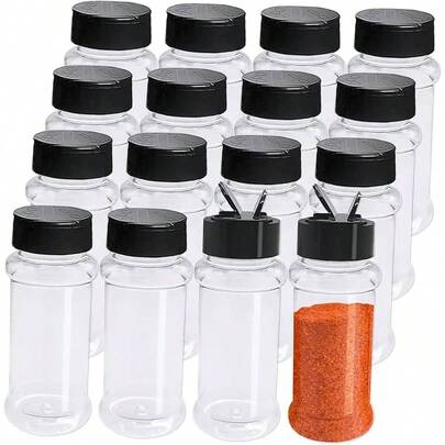 16 Pack 3.4oz/100ml Plastic Spice Bottles Set, Empty Seasoning Containers With Black Cap, Reusable Containers Jars Spice, Herbs, Powders, Glitters
