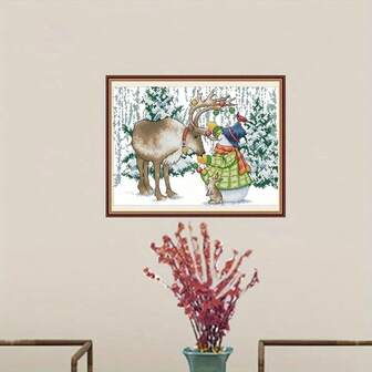 1 Set [30 * 40cm/11.8 * 15.7in] [40 * 50cm/15.7 * 19.7in] Bordado de punto de cruz sin marco 11CT/14CT con tela impresa, adecuado para relajarse y hacer manualidades de bordado de muñecos de nieve y renos de Navidad para principiantes adultos, incluye tela impresa, agujas, hilos, dibujos e instrucciones. Obras de arte hechas a mano, decoraciones de pared para el hogar, regalos