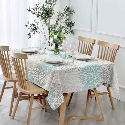 1pc Light Blue & Pink Geometric Gerbera Tablecloth, Polyester Washable Multi-Size, Minimalist Spring Valentine's Day Decor, Suitable For Indoor/Outdoor Dining/Coffee Tables, Nordic/Ins Style, 55x70 Inch