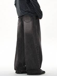 1 件男士复古水洗宽松做旧阔腿男友牛仔裤，休闲百搭中性风格，垃圾摇滚 - 黑色 - 查看 5