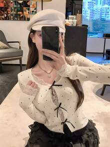 Women's Casual Round Neck Lace Patchwork Polka Dot Knit Top With Bow, Cute & Sexy Long Sleeve Sweater, Autumn/Winter - Apricot - View 4