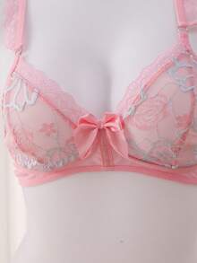 2pcs Sexy Lingerie Set: Lace Trim With Pink Bow Bra And Panty - Pink - View 6