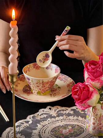 1 Set Vintage Floral Ceramic Bowl & Spoon Set, Exquisite Print, Elegant Design - Ideal For Daily Dining, Chinese Cuisine, Housewarming, Mother's Day Gift For Elegant Tableware-Loving Elderly Women