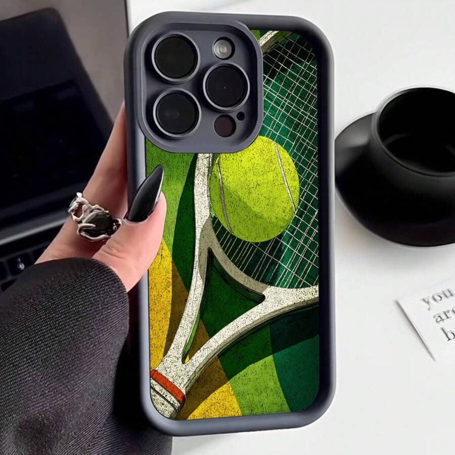 Cubierta de telefono con borde negro estampado de raqueta y pelota de tenis para uso diario y deportivo - Burdeos - Ver 1