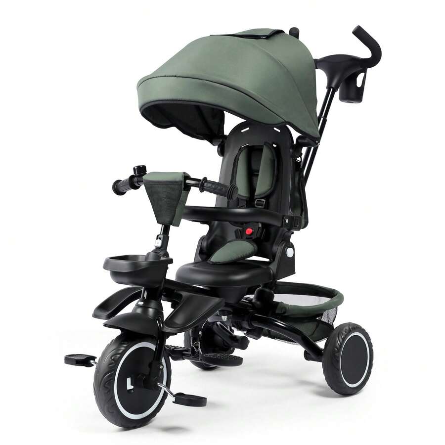Kinder King Kids Tricycle, 8 In 1 Folding Toddler Trike W/Adjustable Push Handle, Rotatable Seat, Adjustable Canopy, Bell, Five-Point Harness, Storage, Toddler Bike, Dark Green - Army Green - View 1