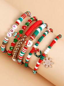 6pcs Soft Clay Beaded Bracelet Set For Christmas (Letter Colors Are Random, Not Fixed)
