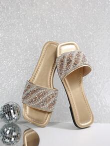 2026 Nuevas sandalias de tacón plano tipo mula con puntera cuadrada y adorno de cristal, estilo francés, para mujer. Uso casual al aire libre, adecuado para primavera, verano y otoño. Combina bien con vestidos. - Dorado - Ver 8