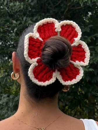 1pc Handmade Knitted Christmas Flower Cute Hair Ring Hair Tie Leather Band ,Ponytail Holders ,Hair Elastics ,Hair Rubber Bands ,Scrunchies ,Hair Rope