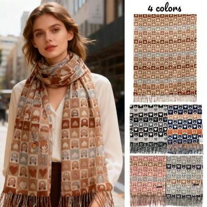 Damenschal mit Herz- und Bärenmuster – Weicher, warmer und bequemer Fransenschal für Herbst und Winter – Das perfekte Weihnachtsgeschenk für Damen