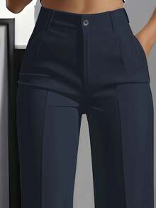 Women's Casual Everyday Office Commute Simple Solid Color Slant Pocket Seam Front Straight Leg Pants - Navy Blue - View 2