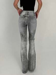 女式复古做旧弹力紧身喇叭牛仔裤 - 灰色 - 查看 2