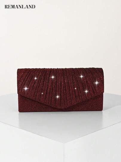REMANLAND 这款闪亮优雅的酒红色信封包采用褶皱条纹设计，可用作晚宴包或派对包。这款肩包非常适合派对女孩和女士，是参加派对、婚礼、舞会和宴会/晚宴的理想之选，也是送给女性的完美礼物。