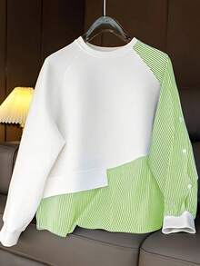 Bluză de damă cu dungi, model patchwork, în culori contrastante, cu nasturi, purtare zilnică, primăvară/toamnă, alb, negru, albastru, roz, verde, galben