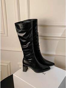 尖头过膝长靴，粗跟及膝高跟女靴，2025秋冬新品，性感，黑色靴子 - 黑色 - 查看 3