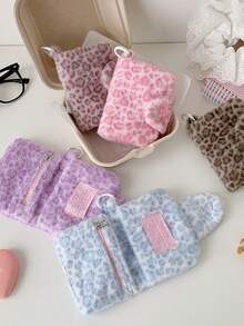 时尚简约设计粉色豹纹零钱包可爱甜美蓝色毛绒大容量便携卡包女士钱包迷你钱包小钱包零钱包钱袋可爱钱包 - 彩色 - 查看 3