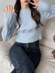Women's Knitted Pullover Sweater, Puff Sleeve, Fitted, Layering Top, Winter - Light Blue - View 4