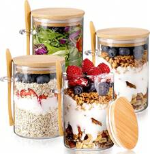 4PCS Glass Food Dispenser With Lid And Spoon, Overnight Oatmeal Jar With Spoon, Chia Seed Pudding Salad Glass Jar, Bamboo Lid Cereal Coffee Flour Bread Starter Storage Jar