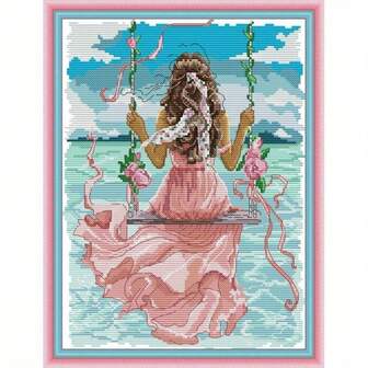 ZUOANLF 1 Set [30 * 40cm/11.8 * 15.7in] [40 * 50cm/15.7 * 19.7in] Frameless 11CT/14CT Printed Fabric Cross Stitch DIY Set, Suitable For Beautiful Girls On Seaside Swings, Suitable For Adult Beginners To Relax DIY Embroidery Set, Including Printed Fabric, Needles, Threads, Drawings And Instructions. Handmade Artworks, Home Wall Decorations, Gifts