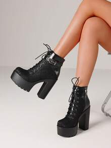 Y2K Goth Platform Ankle Boots For Women Fashion Block Chunky High Heels Punk Buckle Lace-Up Side Zipper Party Cosplay Boots Woman - màu đen - Xem 5