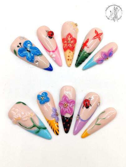 10 Pieces Of Pure Handmade Pressed Wearable Nail, 33mm Thin High-Heeled Nail Plate, Pink And White Nail Plate, Blue Yellow, Black, Purple, Yellow, Green Fingertip Part, Raised Flowers Of Various Colors, Raised Ladybug Shape, Hand-Painted Black Lines, Green Branches, Rhinestone Embellishment. It Is Suitable For Daily Leisure Vacation, Banquets, Parties, Shows And Other Activities.