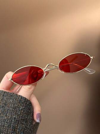 1pc Retro Oval High-Quality Golden Metal Small Frame Red Lens Children's Fashion Fashion Glasses, Suitable For Boys And Girls, For Holiday Parties, Outdoor Travel, Beach Vacation, Photography Props, And Daily Wear