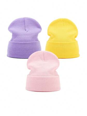 3pcs Kids & Teens Solid Color Knitted Beanie Hats, Warm Winter Autumn Spring Daily Use