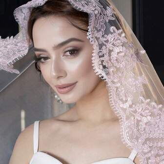 1pc French Romantic Pink Lace Lightweight Short Bridal Veil, Outdoor Wedding Atmosphere Veil Bridal Accessory