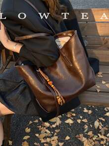 Bolsa Tote de 1 pieza de unicolor de tela de PU Low Tea, bolsa de hombro de moda retro para mujer, diseño de doble asa superior, cierre con cremallera, adecuada para viajes, compras, citas, regalo para mujer, perfecta para ir al trabajo, actividades al aire libre, viajes, salidas (con colgante) - Café - Ver 4