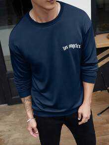 Men's Letter Print Crew Neck Loose Fit Casual Sweatshirt, Spring/Autumn - Navy Blue - View 2