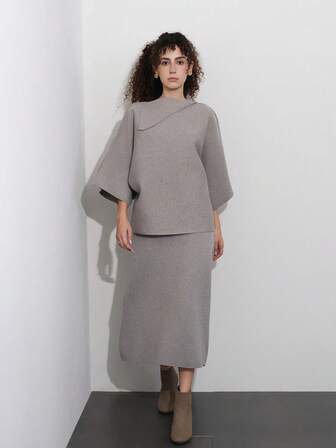 Women's 3/4 Sleeve Collared Knit Sweater And Knit A-Line Midi Skirt Set
