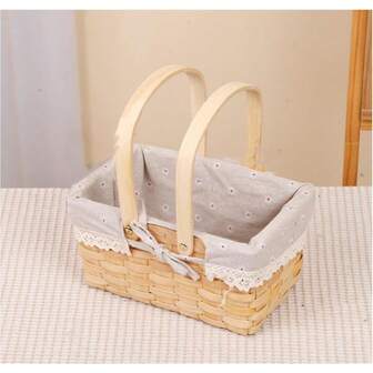 Wicker Basket With Handle Rectangular Picnic Basket With Double Folding Handles Storage And Flower Girl Basket For Decor White