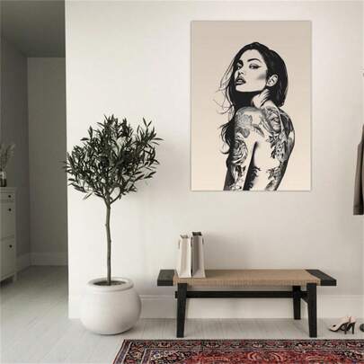 1pc Black & Beige Tattooed Woman Art Posters Canvas Painting, Room Decor Wall Arts, Living Room Decor, Office Decor Bedroom Decor,Kitchen Decor, Wall Decor, Home Decor Posters Unframed