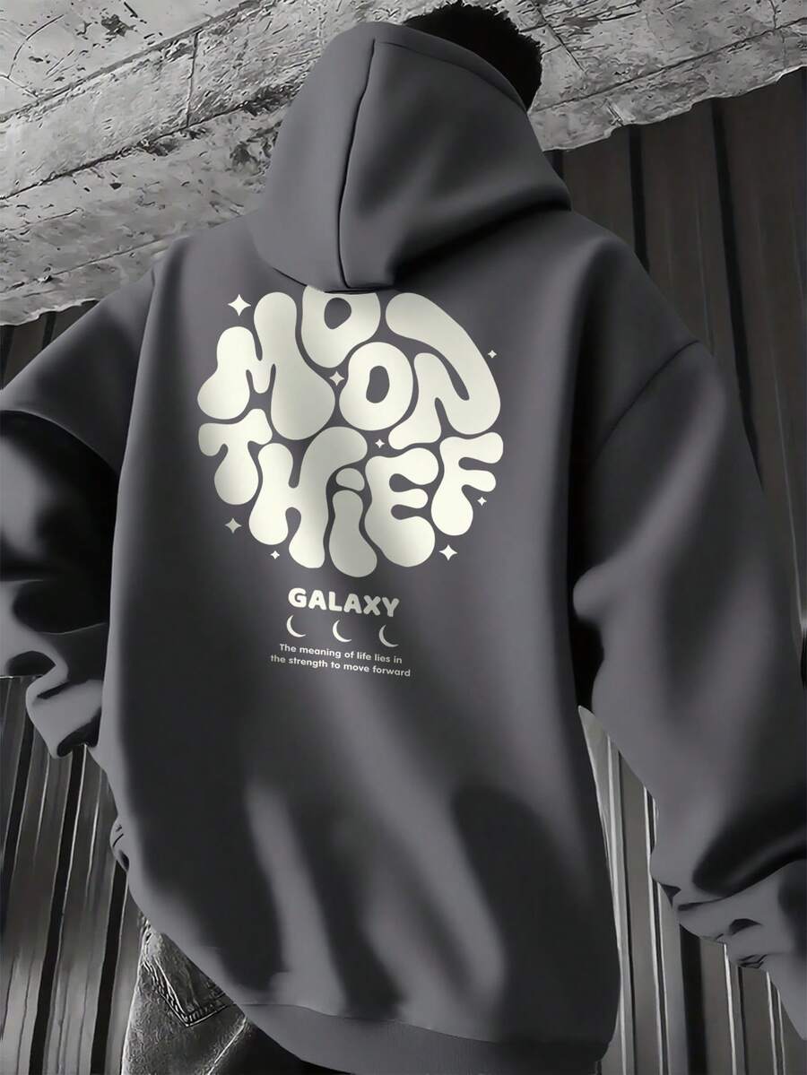 Men's Casual Fashionable Versatile Daily Commute Letter Graphic Print Kangaroo Pocket Drawstring Hoodie, Autumn/Winter