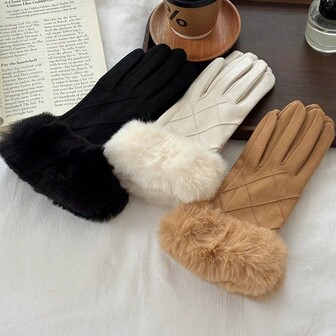 1 Pair Casual Suede Thermal Lined Warm Gloves, Winter Windproof Thickened Diamond Pattern Touch Screen Gloves For Women