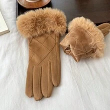 1 Pair Casual Suede Thermal Lined Warm Gloves, Winter Windproof Thickened Diamond Pattern Touch Screen Gloves For Women - Multicolor - View 4