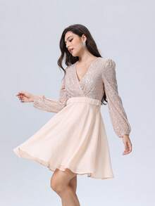 D&M 女士华丽亮片撞色网纱交叉长袖A字连衣裙