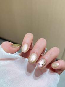 1 Set Of 10 Pure Handmade Wearable Nails, Low-Key, Light Luxury, Dark Green, Cat Eyes, Water Droplets, Stars, High-Quality, Pure Handmade, Detachable Nail Patches Suitable For Women's Daily Wear And Party Wear. Comes With Two Pieces Of Jelly Glue And A Rubbing Strip For Easy Freedom In Nail Art