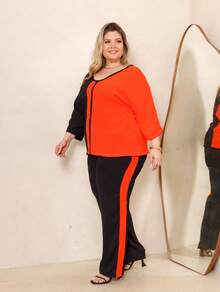 Maison Set: Raglan Sleeve Blouse And Plus Size Summer Pants - 橘色 - 查看 5