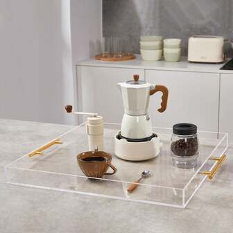 透明亚克力托盘，带金色把手，防溢漏透明亚克力托盘，适用于早餐、咖啡、面包、厨房、家居装饰收纳、化妆品等。