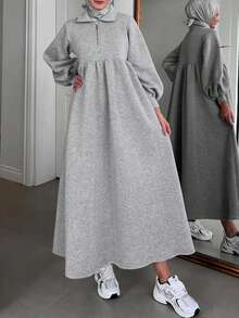 Solid Color Half Zip Casual Loose Long Sleeve Arabic Robe