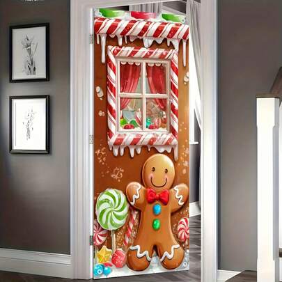 Christmas Door Cover Decoration Classic Gingerbread Man Door Curtain Banner Holiday Door Hanging Cover