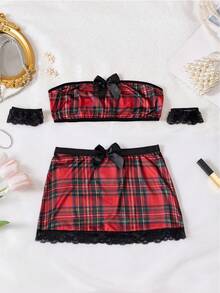 2 pièces Ensemble de lingerie sexy d'uniforme étudiant pour femmes, jeu de rôle mignon et attrayant - noir rouge - Voir 10