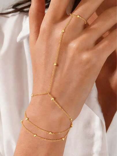 1pc Fashionable Fingerless Bracelet, Minimalist Beaded Design Women's Hand Jewelry, Handmade Chain Can Be Cut To Desired Length