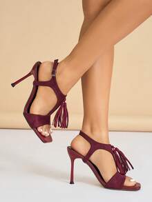 Zapatos de tacón alto para mujer, adecuados para primavera, otoño, fiestas nocturnas, reuniones, exteriores, banquetes de moda de alta gama, galas, exposiciones, tacón alto delgado chapado, punta cuadrada, decoración con borlas, correa de tobillo ajustable, material de gamuza sintética suave, elegante, lujoso, clásico, tacones altos burdeos, versátil para ir al trabajo, vestidos formales - Burdeos - Ver 3