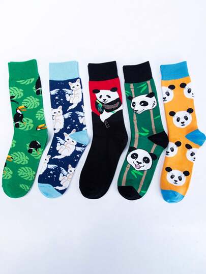 5 Paar unisex Panda & Blumen Muster Knöchelsocken, Lässig Socken für Herbst/Winter