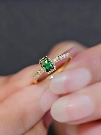 1 pieza Anillo de plata esterlina S925 vintage con geometría cuadrada y circonita verde, joyería elegante y elegante para mujeres, adecuado para uso diario y fiestas