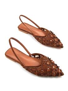 女士优雅水钻铆钉花卉装饰棕色绒面网眼尖头露跟平底凉鞋，舒适百搭，适合日常穿着和派对场合 - 棕色 - 查看 2